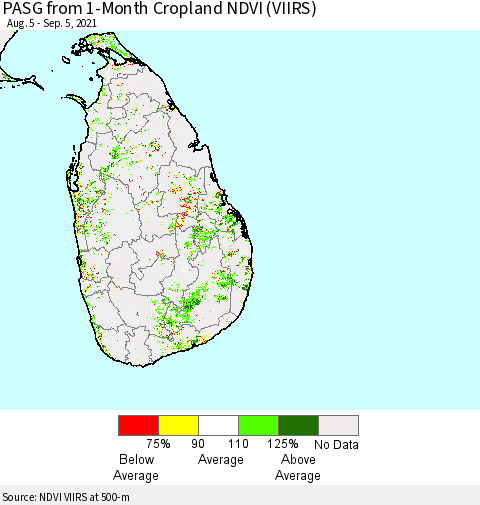 Sri Lanka PASG from 1-Month Cropland NDVI (VIIRS) Thematic Map For 8/29/2021 - 9/5/2021