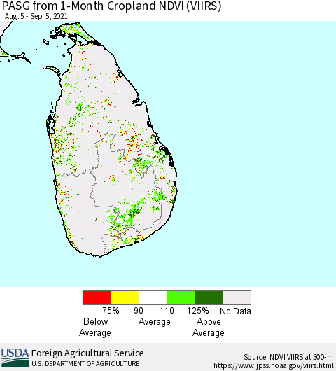 Sri Lanka PASG from 1-Month Cropland NDVI (VIIRS) Thematic Map For 9/1/2021 - 9/10/2021