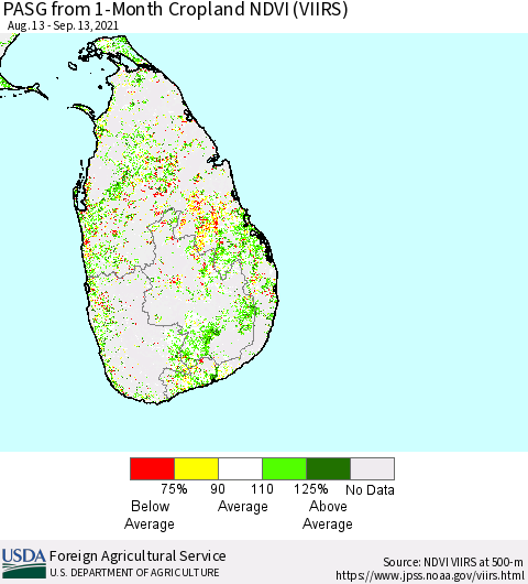 Sri Lanka PASG from 1-Month Cropland NDVI (VIIRS) Thematic Map For 9/11/2021 - 9/20/2021