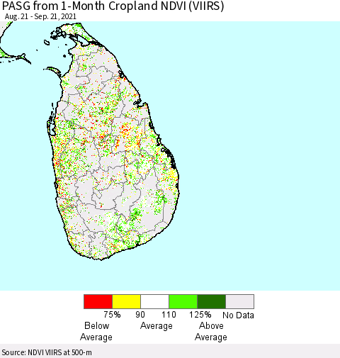 Sri Lanka PASG from 1-Month Cropland NDVI (VIIRS) Thematic Map For 9/14/2021 - 9/21/2021