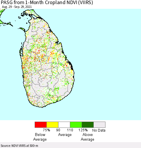Sri Lanka PASG from 1-Month Cropland NDVI (VIIRS) Thematic Map For 9/22/2021 - 9/29/2021