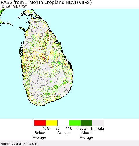 Sri Lanka PASG from 1-Month Cropland NDVI (VIIRS) Thematic Map For 9/30/2021 - 10/7/2021