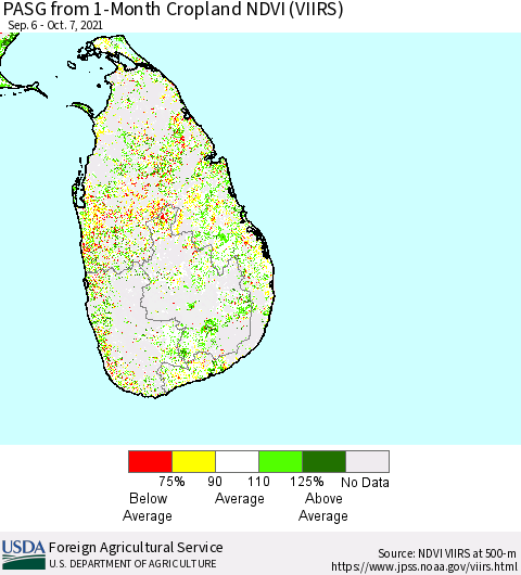 Sri Lanka PASG from 1-Month Cropland NDVI (VIIRS) Thematic Map For 10/1/2021 - 10/10/2021