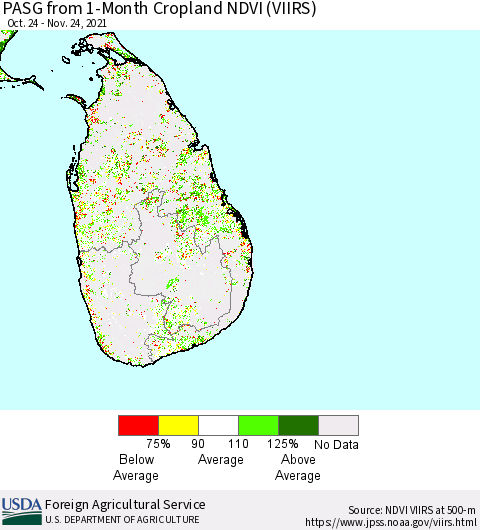 Sri Lanka PASG from 1-Month Cropland NDVI (VIIRS) Thematic Map For 11/21/2021 - 11/30/2021