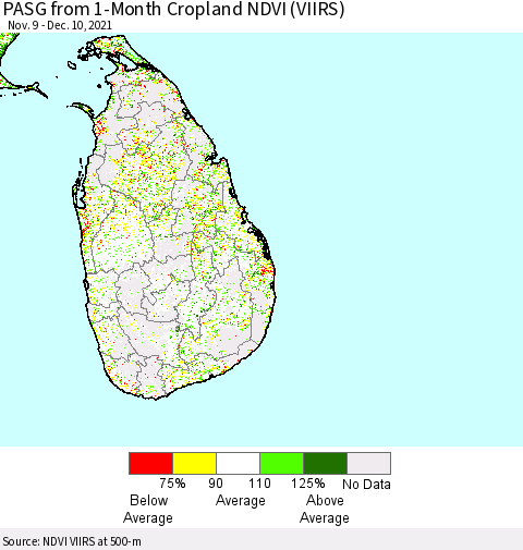 Sri Lanka PASG from 1-Month Cropland NDVI (VIIRS) Thematic Map For 12/1/2021 - 12/10/2021