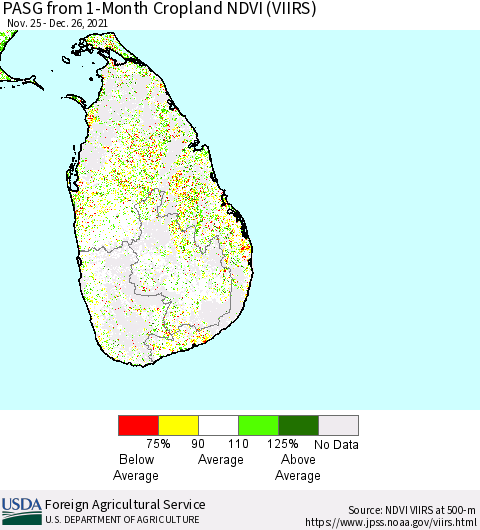 Sri Lanka PASG from 1-Month Cropland NDVI (VIIRS) Thematic Map For 12/21/2021 - 12/31/2021
