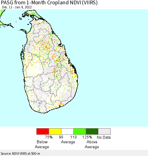 Sri Lanka PASG from 1-Month Cropland NDVI (VIIRS) Thematic Map For 1/1/2022 - 1/8/2022