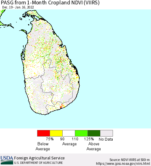 Sri Lanka PASG from 1-Month Cropland NDVI (VIIRS) Thematic Map For 1/11/2022 - 1/20/2022