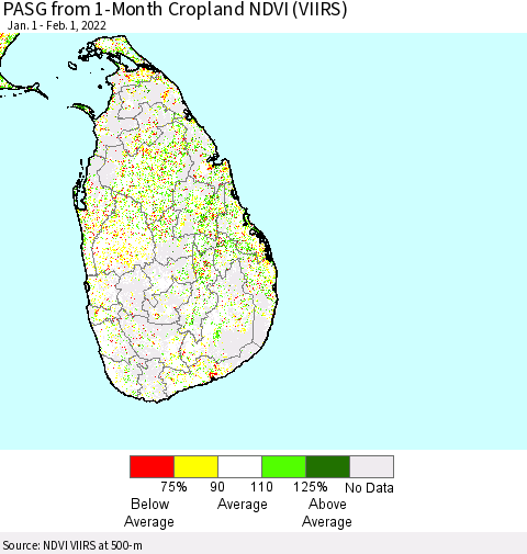 Sri Lanka PASG from 1-Month Cropland NDVI (VIIRS) Thematic Map For 1/25/2022 - 2/1/2022