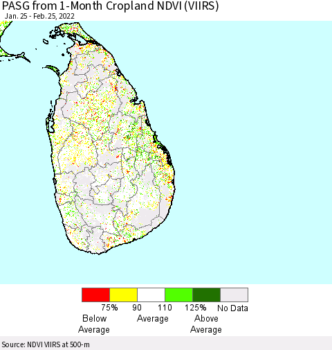 Sri Lanka PASG from 1-Month Cropland NDVI (VIIRS) Thematic Map For 2/18/2022 - 2/25/2022