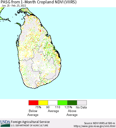 Sri Lanka PASG from 1-Month Cropland NDVI (VIIRS) Thematic Map For 2/21/2022 - 2/28/2022