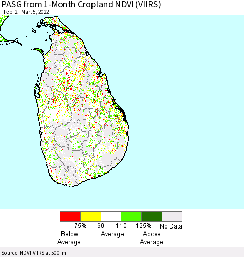 Sri Lanka PASG from 1-Month Cropland NDVI (VIIRS) Thematic Map For 2/26/2022 - 3/5/2022