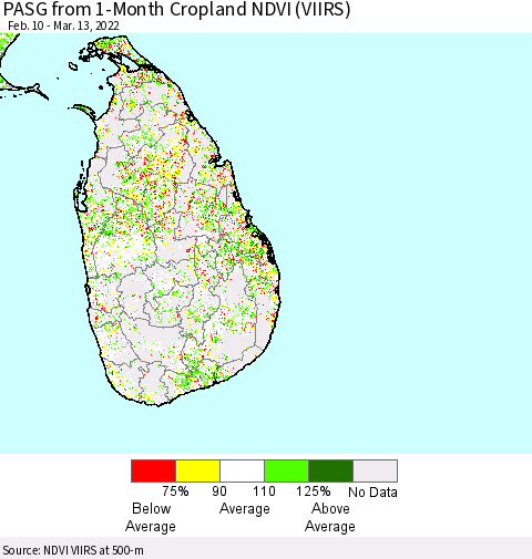 Sri Lanka PASG from 1-Month Cropland NDVI (VIIRS) Thematic Map For 3/6/2022 - 3/13/2022