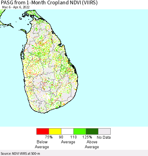Sri Lanka PASG from 1-Month Cropland NDVI (VIIRS) Thematic Map For 3/30/2022 - 4/6/2022
