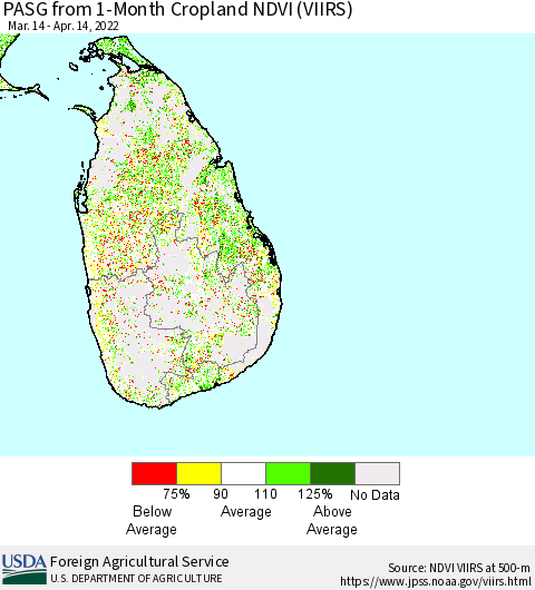 Sri Lanka PASG from 1-Month Cropland NDVI (VIIRS) Thematic Map For 4/11/2022 - 4/20/2022