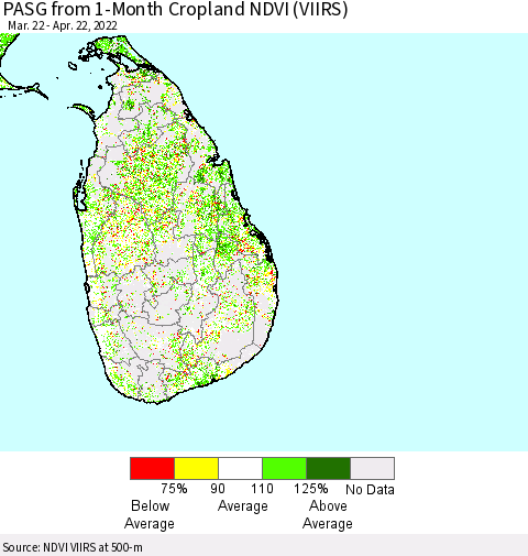 Sri Lanka PASG from 1-Month Cropland NDVI (VIIRS) Thematic Map For 4/15/2022 - 4/22/2022