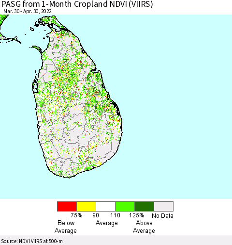 Sri Lanka PASG from 1-Month Cropland NDVI (VIIRS) Thematic Map For 4/21/2022 - 4/30/2022