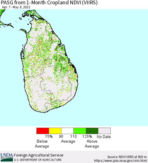 Sri Lanka PASG from 1-Month Cropland NDVI (VIIRS) Thematic Map For 5/1/2022 - 5/10/2022