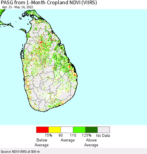 Sri Lanka PASG from 1-Month Cropland NDVI (VIIRS) Thematic Map For 5/9/2022 - 5/16/2022