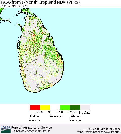 Sri Lanka PASG from 1-Month Cropland NDVI (VIIRS) Thematic Map For 5/11/2022 - 5/20/2022
