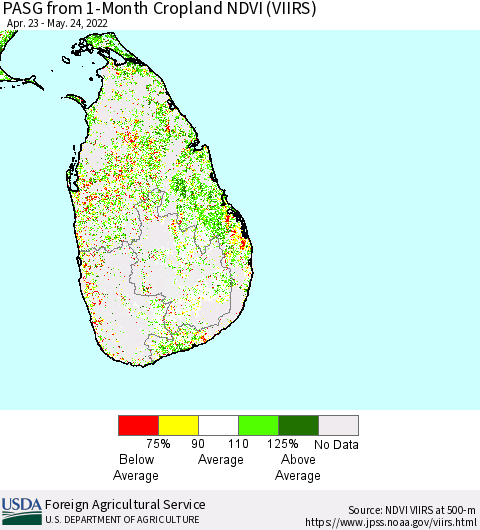 Sri Lanka PASG from 1-Month Cropland NDVI (VIIRS) Thematic Map For 5/21/2022 - 5/31/2022