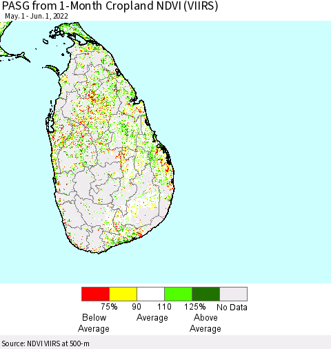 Sri Lanka PASG from 1-Month Cropland NDVI (VIIRS) Thematic Map For 5/25/2022 - 6/1/2022
