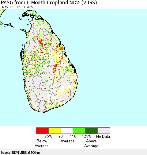 Sri Lanka PASG from 1-Month Cropland NDVI (VIIRS) Thematic Map For 6/10/2022 - 6/17/2022