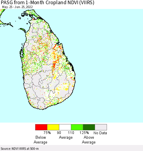 Sri Lanka PASG from 1-Month Cropland NDVI (VIIRS) Thematic Map For 6/18/2022 - 6/25/2022
