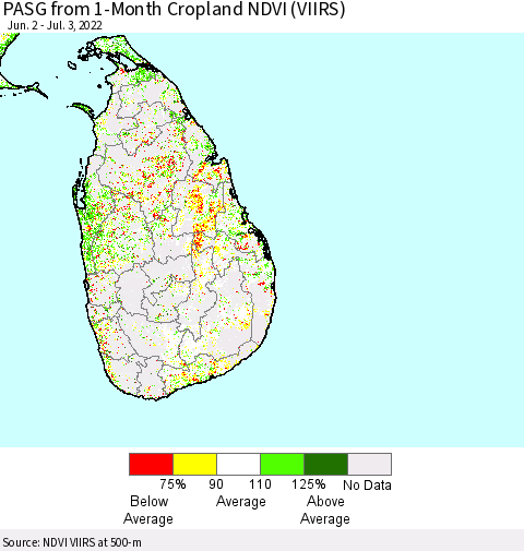 Sri Lanka PASG from 1-Month Cropland NDVI (VIIRS) Thematic Map For 6/26/2022 - 7/3/2022
