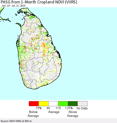 Sri Lanka PASG from 1-Month Cropland NDVI (VIIRS) Thematic Map For 7/4/2022 - 7/11/2022