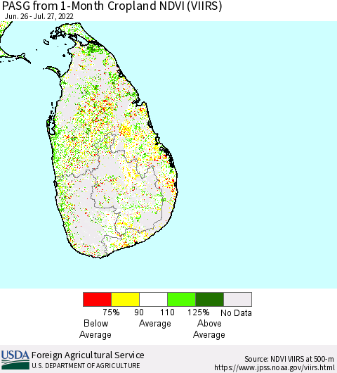 Sri Lanka PASG from 1-Month Cropland NDVI (VIIRS) Thematic Map For 7/21/2022 - 7/31/2022