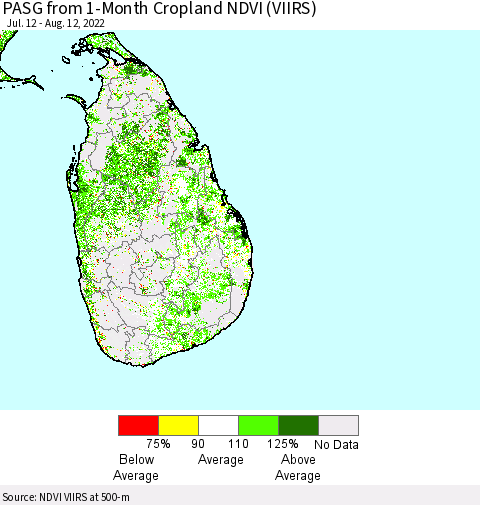 Sri Lanka PASG from 1-Month Cropland NDVI (VIIRS) Thematic Map For 8/5/2022 - 8/12/2022