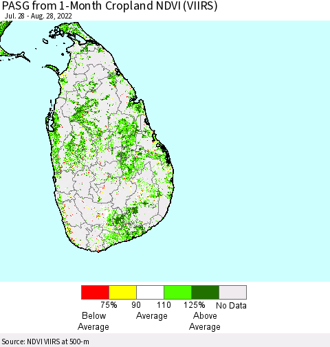 Sri Lanka PASG from 1-Month Cropland NDVI (VIIRS) Thematic Map For 8/21/2022 - 8/28/2022