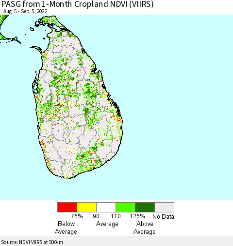 Sri Lanka PASG from 1-Month Cropland NDVI (VIIRS) Thematic Map For 8/29/2022 - 9/5/2022
