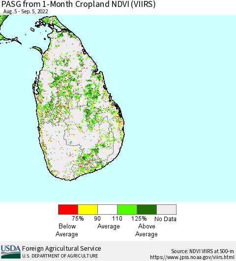 Sri Lanka PASG from 1-Month Cropland NDVI (VIIRS) Thematic Map For 9/1/2022 - 9/10/2022