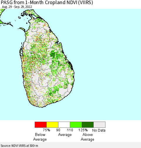 Sri Lanka PASG from 1-Month Cropland NDVI (VIIRS) Thematic Map For 9/22/2022 - 9/29/2022