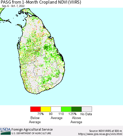 Sri Lanka PASG from 1-Month Cropland NDVI (VIIRS) Thematic Map For 10/1/2022 - 10/10/2022