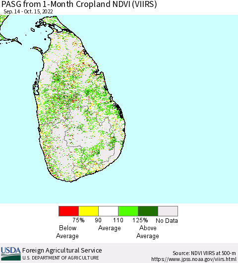 Sri Lanka PASG from 1-Month Cropland NDVI (VIIRS) Thematic Map For 10/11/2022 - 10/20/2022