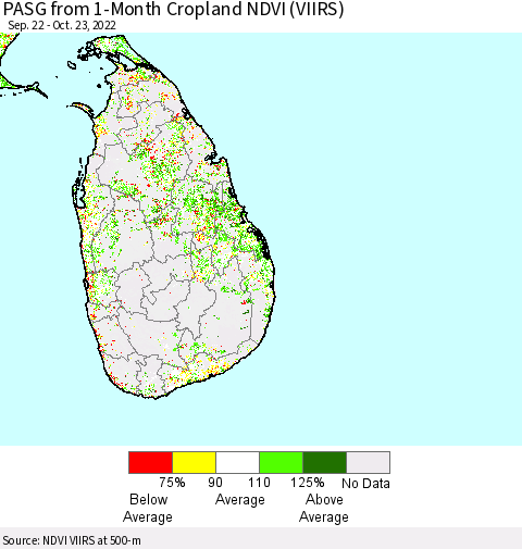 Sri Lanka PASG from 1-Month Cropland NDVI (VIIRS) Thematic Map For 10/16/2022 - 10/23/2022