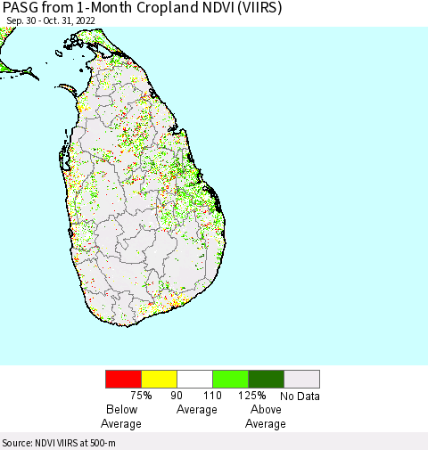 Sri Lanka PASG from 1-Month Cropland NDVI (VIIRS) Thematic Map For 10/21/2022 - 10/31/2022