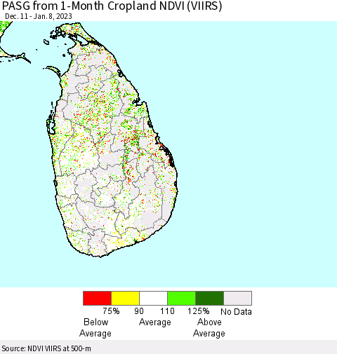Sri Lanka PASG from 1-Month Cropland NDVI (VIIRS) Thematic Map For 1/1/2023 - 1/8/2023