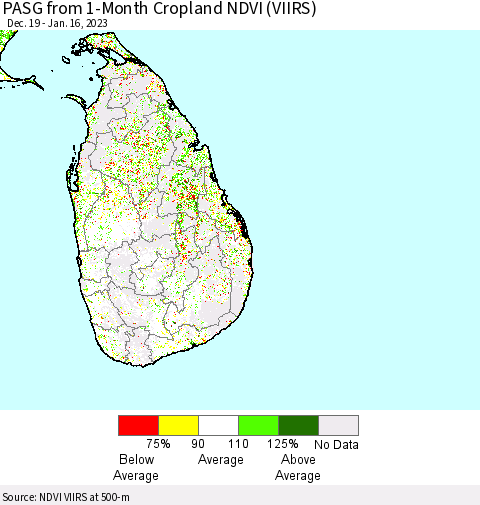 Sri Lanka PASG from 1-Month Cropland NDVI (VIIRS) Thematic Map For 1/9/2023 - 1/16/2023