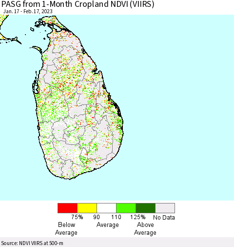 Sri Lanka PASG from 1-Month Cropland NDVI (VIIRS) Thematic Map For 2/10/2023 - 2/17/2023