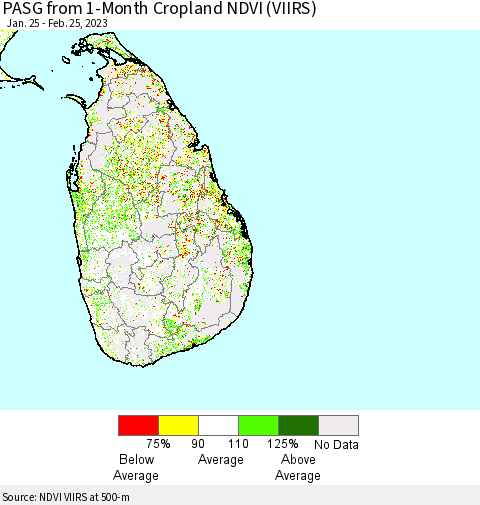 Sri Lanka PASG from 1-Month Cropland NDVI (VIIRS) Thematic Map For 2/18/2023 - 2/25/2023