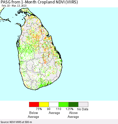 Sri Lanka PASG from 1-Month Cropland NDVI (VIIRS) Thematic Map For 3/6/2023 - 3/13/2023