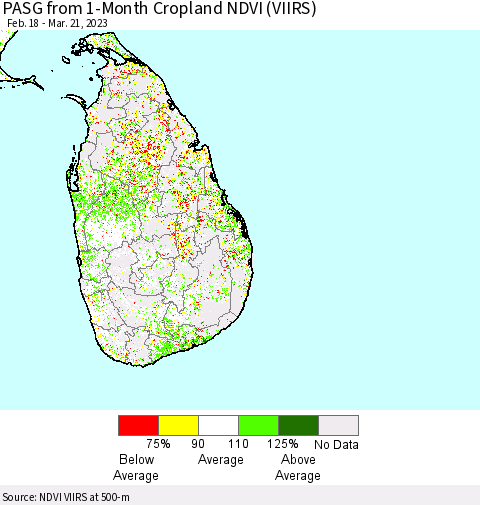 Sri Lanka PASG from 1-Month Cropland NDVI (VIIRS) Thematic Map For 3/14/2023 - 3/21/2023