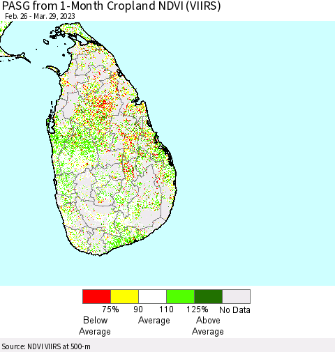 Sri Lanka PASG from 1-Month Cropland NDVI (VIIRS) Thematic Map For 3/22/2023 - 3/29/2023