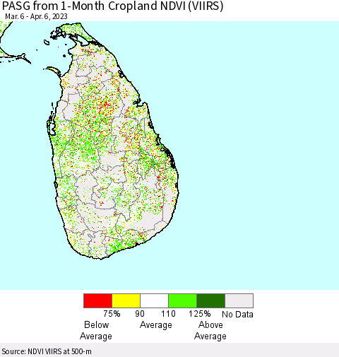 Sri Lanka PASG from 1-Month Cropland NDVI (VIIRS) Thematic Map For 3/30/2023 - 4/6/2023