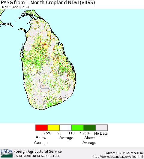 Sri Lanka PASG from 1-Month Cropland NDVI (VIIRS) Thematic Map For 4/1/2023 - 4/10/2023