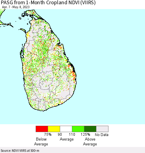 Sri Lanka PASG from 1-Month Cropland NDVI (VIIRS) Thematic Map For 5/1/2023 - 5/8/2023